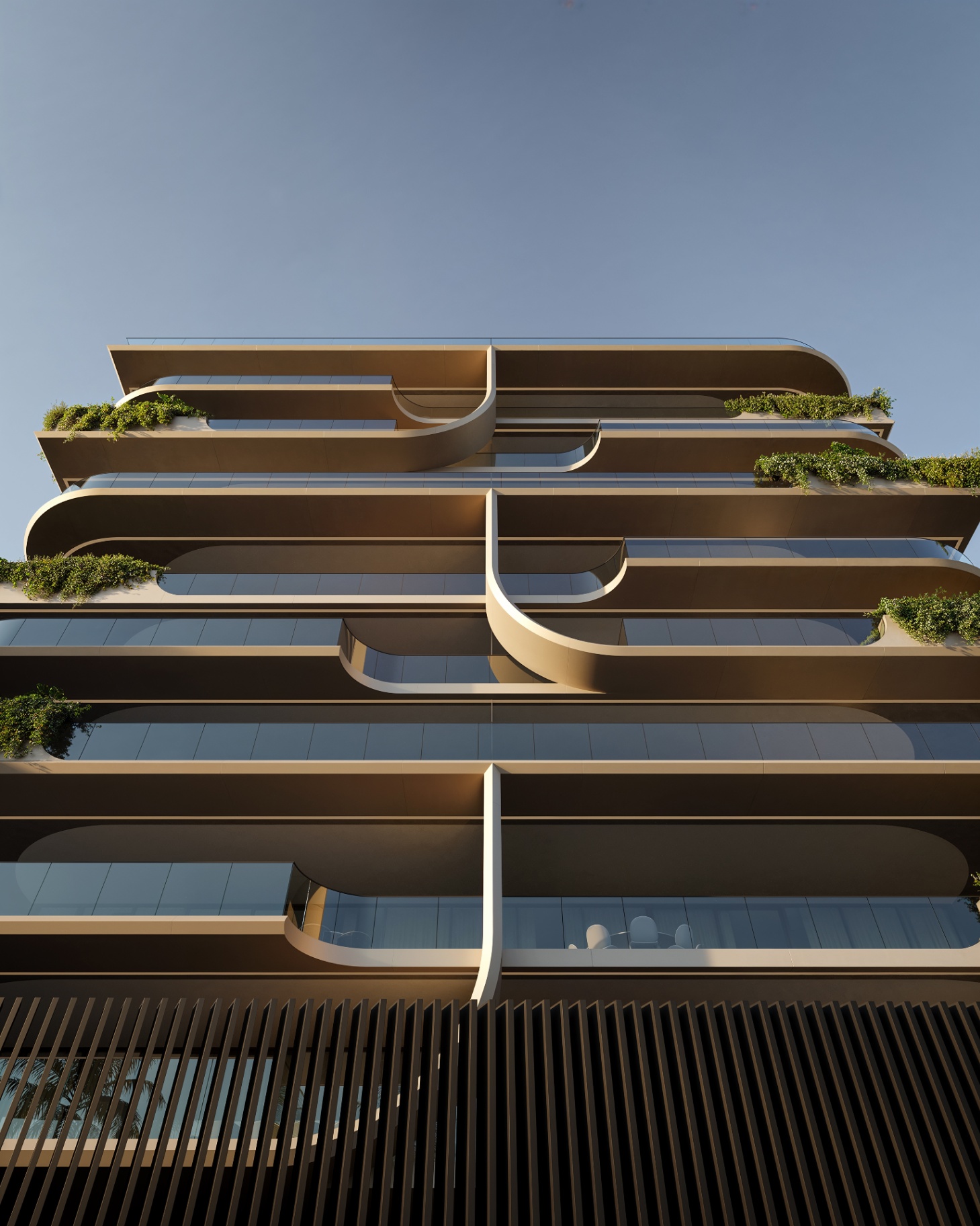 Fachada — Curvas fluidas e jardins suspensos