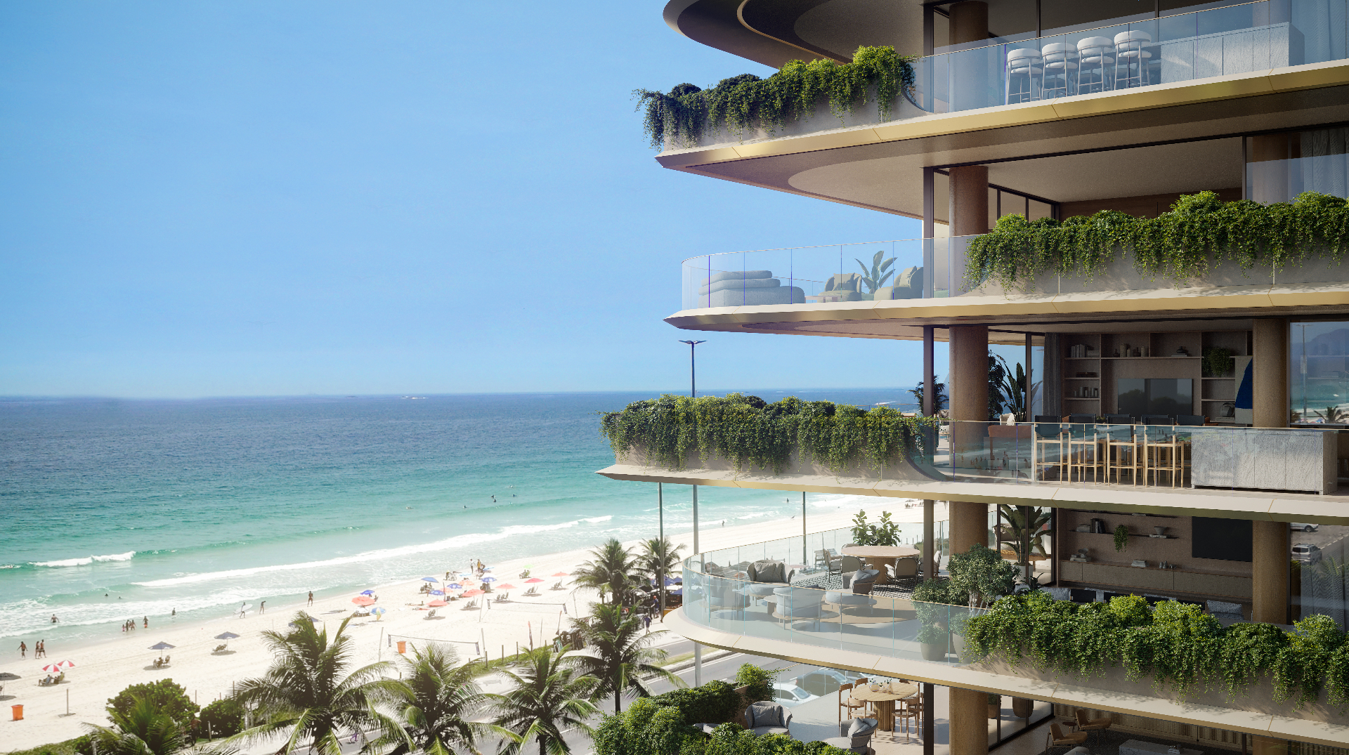 Varandas frente-mar do ATTO by Pininfarina na Barra da Tijuca com vegetação suspensa